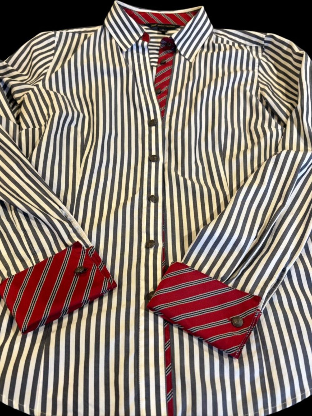 Brooks Brothers 346 Navy Striped Shirt Red Repp Contrast French Cuffs - 6